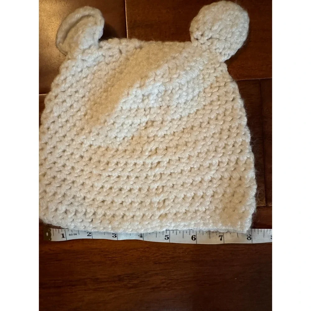 Unbranded Crochet Beanie Baby OS Cream Excellent Bear Ears Chunky Knit Hat